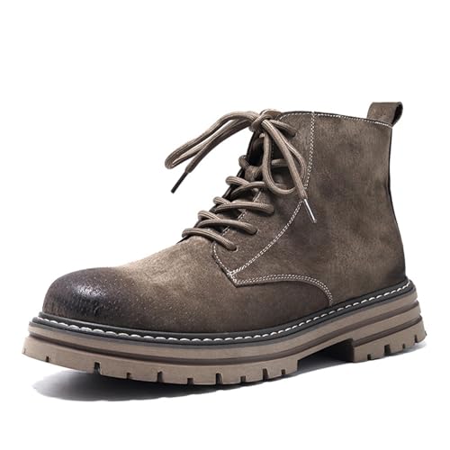 Men's Handmade Genuine Leather Lace-Up Motorcycle Combat Boots Comfortable Round Toe Side Zipper Non-Slip lug sole Dress Ankle Boots