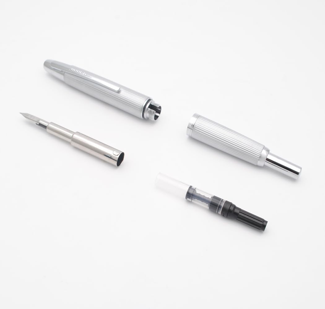 JINHAO 10 Press Fountain Pen Retractable Metal Pen with Ink Converter (Fine Nib, Silver Stripe) - Image 4