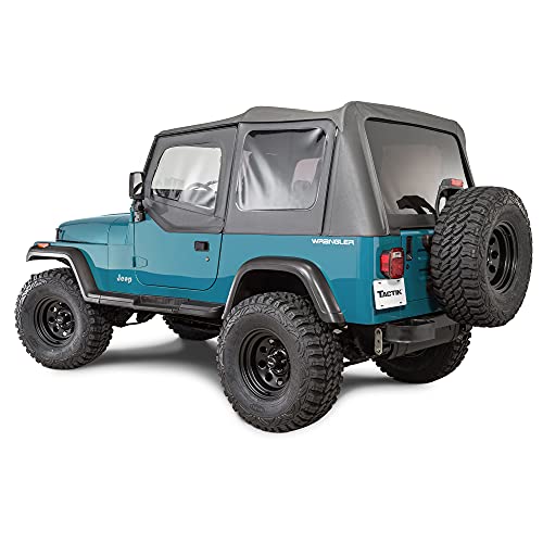 TACTIK Fabric Only Replacement Soft Top - Fits Jeep Wrangler 1988-1995 YJ - Custom-Fit Fabric Roof with Removable Side and Back Window (With Door Skins, Black Denim)