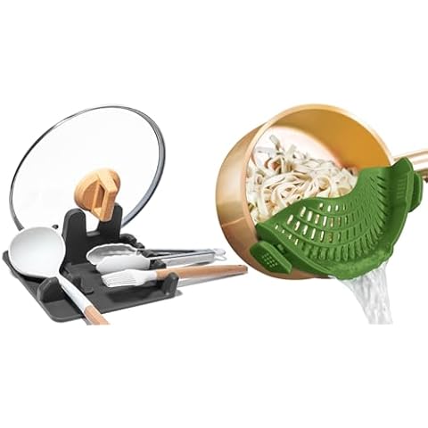 AUOON Clip On Pot Strainer and Pasta strainer and Silicone Utensil Rest,Pot lid holder with Drip Pad for Multiple Utensils,Dishwasher Safe,Heat ResistanSpoon,Rest for Stove Top,Kitchen Utensil Holder Cover