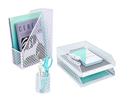 ANNOVA Mesh Desk Organizer 4 Pieces Office Suppliers Desktop Organizer Set Desk Accessories - Letter/File Tray x 2, Magazine Rack/Upright Document Holder x 1, Pen Holder x 1 (White)