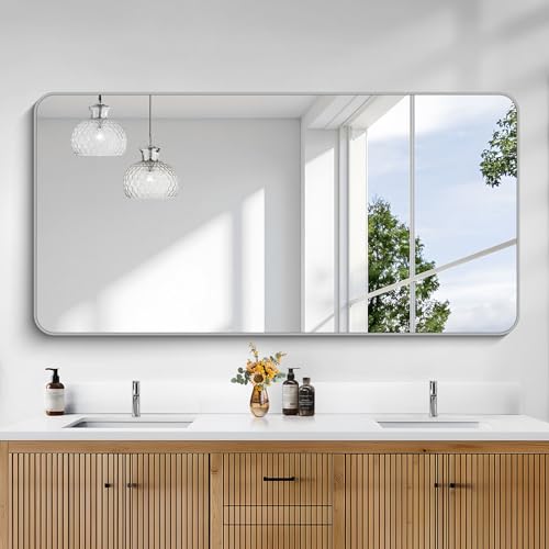 Image of KOCUUY Silver Bathroom Mirror, 60x30 Inch Large Bathroom Mirror for Over Sink, HD Tempered Glass, Anti-Rust Brushed Silver Frame, Rounded Corner Modern Design for Bathroom, Hang Horizontal /Vertical