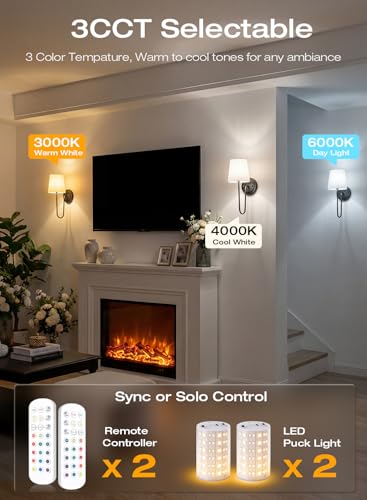 Image of CLOUDY BAY 10000mAh Battery Operated Wall Sconces,Up to 100 Hours with Rechargeable RGB Dimmable Magnetic Bulb,Cordless Wall Lighting Fixtures with Remote for Bedroom,Black,2 Pack-15.4in