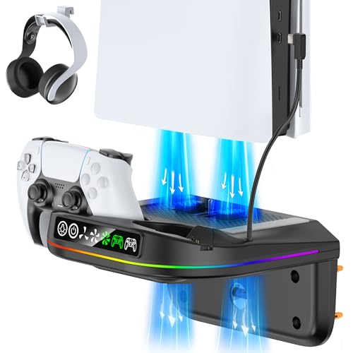 Image of P5 Wall Mount Kit Cooling Station with Dual Controller Charger, Floating Shelf Behind TV for P5 /Slim /Pro, Wall Bracket Compatible with P5 Disc & Digital, 9 RGB Lights P5 Fan Accessories, Black