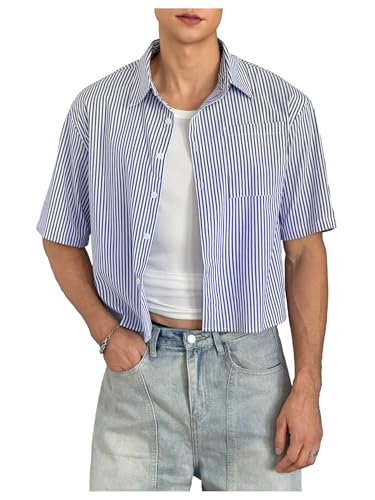 GORGLITTER Mens Striped Cropped T Shirt Button Down Up Y2k Short Sleeve Collar Oversized Tops Blue Medium