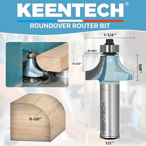 Image of KEENTECH Round Over Router Bit, 1 /2 inch Shank x 1-1 /4 inch Dia x 3 /8 inch Radius | Industrial Grade, Tungsten Carbide Tipped, 10X Lifespan, Woodworking