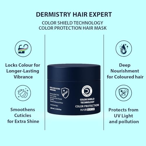 Image of Dermistry Color Protection Hair Mask for Coloured & Chemically Treated Hair with Argan Oil, Arginine & UVA UVB Filters, Helps Prevent Colour Fade Deep Nourishment for Dry & Frizzy Hair Men & Women 200ml