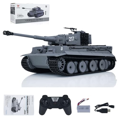 wheelfun Taigen 1/24 RC Char de combat Tiger I RC Modèle de char militaire moyen terme infrarouge Châssis de combat recul Flash LED Gris RC Camion de...