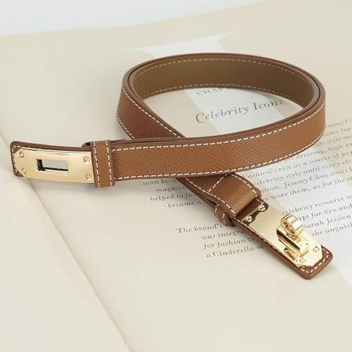 Slim Leather Belt with Gold Turn-Lock Buckle, Women's Skinny Belt for Dresses, Jeans, and Coats, 0.78 Inch Width2