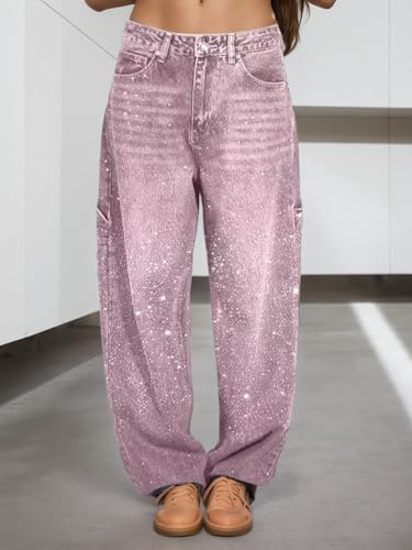 Women’s Casual Rhinestone Straight Leg Jeans Trendy Sparkly Baggy Distressed Vintage Denim Pants with Pockets2