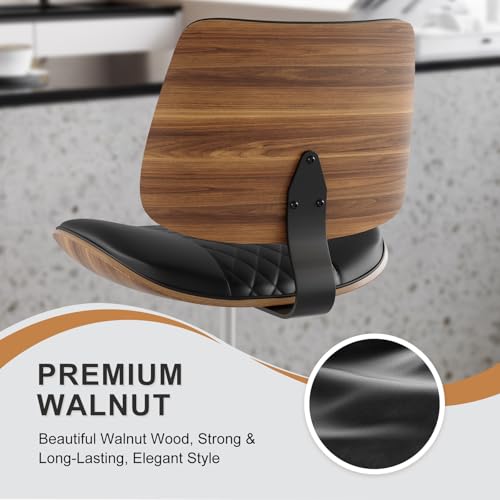 Image of Drafting Chair with Adjustable Footrest, Armless Modern Tall Office Chair for Standing Desk, PU Leather Swivel Stool in Curved Bentwood Style, Ergonomic Rolling Walnut Chair for Office(Black)