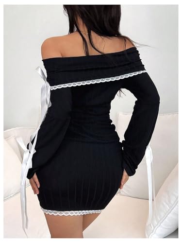 SOLY HUX Women's Bodycon Mini Dress Off The Shoulder Lace Trim Bow Long Sleeve Ruched Y2k Dresses2