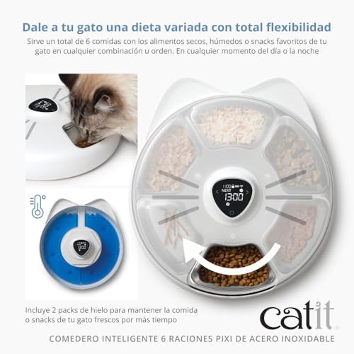 Ca PIXI Intelligenter Futternapf für 6 Portionen mit Edelstahlschale für Katzen