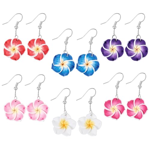 6 Pairs Hawaiian Flower Earrings, Bohemia Tropical Plumeria Drop Earrings, Beach Floral Hibiscus Earring for Beach Party, Wedding Vacation, Hawaiian Jewelry Accessories