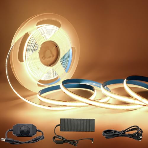 Aroticht 5m COB Ledstrip 24V COB LED-strip warm wit 3000K dimbaar lichtketting hoge dichtheid 320 LEDs/M inclusief adapter en dimmer IP20 voor slaapkamer keuken interieur decoratie