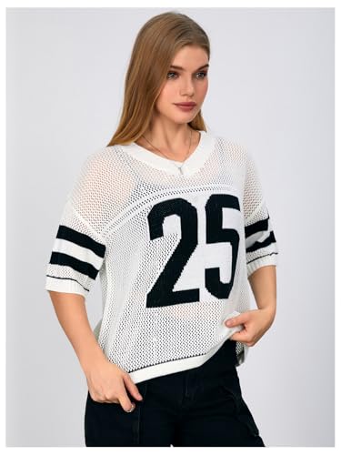 Image of Verdusa Women's Jersey Shirts Hollow Out Pullover Sweaters Number Print Short Sleeve Knit Tops