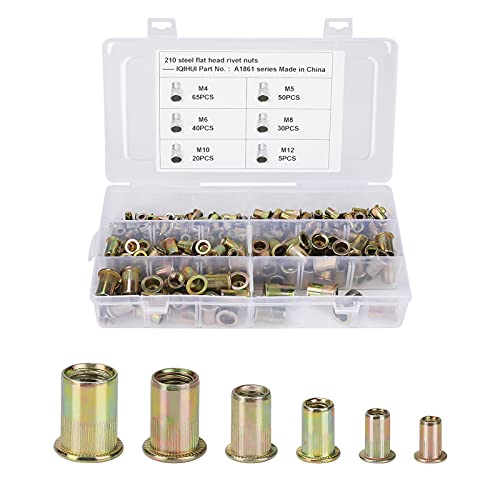 Ideashop Rivet Nuts, 210 Pcs Carbon Steel Zinc-Plated Rivnuts Nutserts Metric Rivet Nuts M4 M5 M6 M8 M10 M12 Assortment Kit Flat Head Threaded Insert Nut Assort Set for Automotive Electrical Products