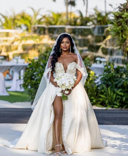 Off Shoulder Crystals Beaded Wedding Dress Mermaid Satin Long Slit Wedding Gown with Detachable Train ZDH042