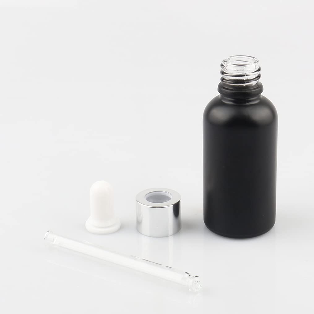 24 Stück 30ml Matt schwarz Pipettenflasche Tropfpipetten mit Silber Pipettenring für Ätherisches Öl,Aromatherapie, Massage, Duftöl Probe,Make-up,chemische Flüssigkeit + 4x Trichter
