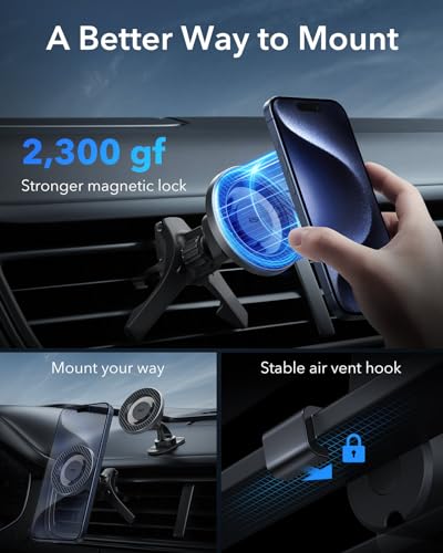 Image of ESR for MagSafe Car Mount, Magnetic Car Mobile Holder, Air Vent /Dashboard Magnetic Phone Mount for iPhone 17e /Air /17 /16e /16 /15 /14 /13 Samsung All Smartphones Black Carbon Fiber(2 Metal Rings Included)