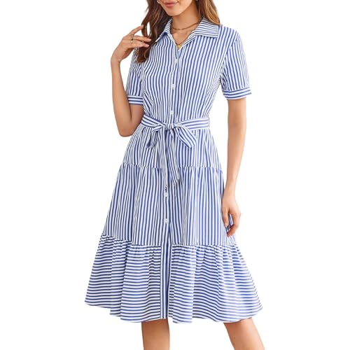 BROVAVE Summer Midi Dress for Women: Striped Button Down Casual Clothing - Collared Flowy Classy Short Sleeve Dresses