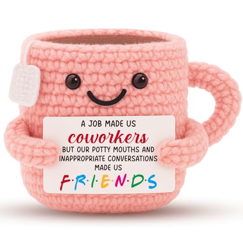 Funny Coworkers Gifts for Women, Men - Work Bestie Gift - Leaving, Farewell, Birthday, Christmas Gift for Colleague - Cute Crochet Teacup Crochet Teacup Office Desk Decor