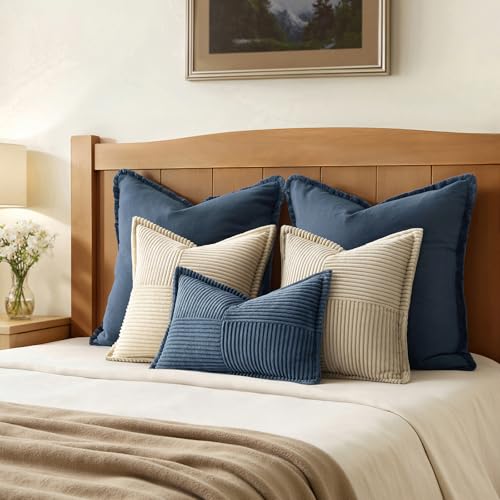 Image of MIULEE Decorative Lumbar Throw Pillow Covers for Couch Bed Livingroom 12x24 Inch Set of 2 Blue Boho Accent Throw Pllows Broadside Striped Patchwork Soft Corduroy Summer Coastal Pillowcases