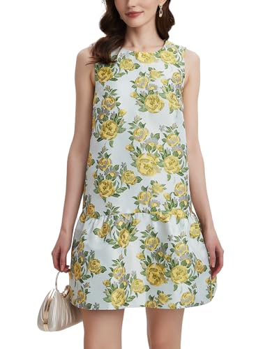 Women's Floral Jacquard Mini Dress Crewneck Sleeveless Open Back Ruffle Hem Cocktail Party Dress