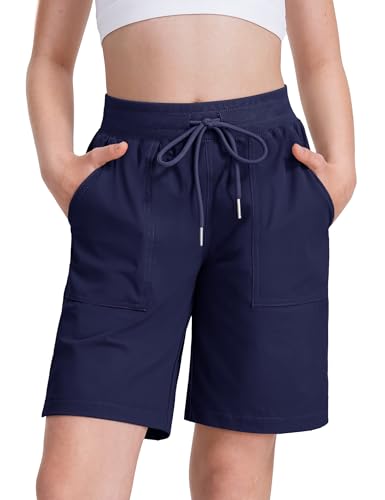 HASMES Girls Athletic Bermuda Shorts with Pockets Lightweight Quick Dry Hiking Cargo Running Shorts for Kids 7-14Y Navy