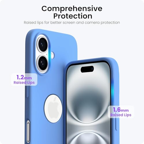 Image of VONZEE Microfiber Logo Cut Cover Compatible with iPhone 16 Plus Case, Liquid Silicone 4-Layer Protective Cover, Shockproof Back Case with High Raised Camera Lips, Slim Durable Phone Case, Azure Blue