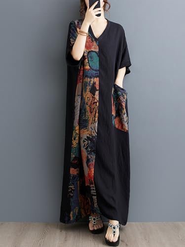 Women Plus Size Summer Dress Artistic Print Black Patchwork Casual Loose Long Dresses with Pockets Vacation3