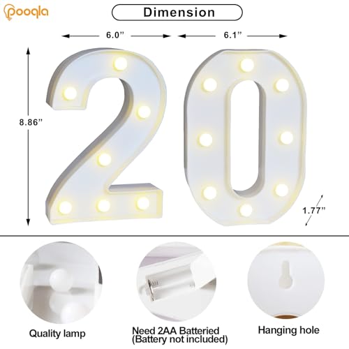 Image of Pooqla 20th Birthday Decoration for Her Him, Decorative Marquee Numbers with Remote, Light Up 20 Sign for Party Backdrop 20th Wedding Anniversary Decor, Warm White and Cool White Number 20