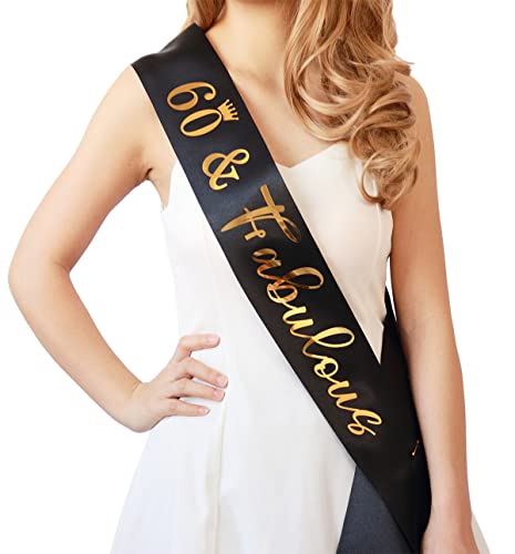 Docooniver 60th Birthday Sash for Women and Men 60&Fabulous Sash Black with Gold Foil Lettering.