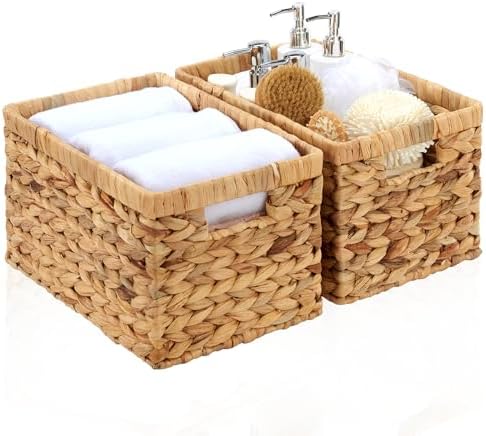Wicker Storage Basket 2 Pack, Water Hyacinth Storage Baskets with Built-in Handles, Large Wicker Baskets for Storage & Organizing, Natural