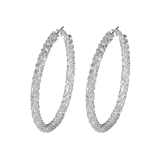 Big Cubic Zirconia Earrings Thick Rhinestones Round Shape Hoop Earrings for Women 925 Sterling Silver Earrings Large Rhinestone Hoop Earrings 60mm Sparkly Hoops With Full Paved Crystals for Women(DTE-GG60S)