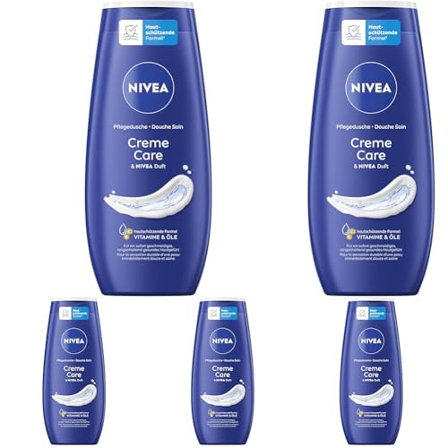 NIVEA Creme Care Pflegedusche, Duschgel mit Vitaminen und wertvollen Ölen, feuchtigkeitsspendende Cremedusche mit dem vertrauten NIVEA Duft für eine zarte Pflege (250 ml) (Packung mit 5)
