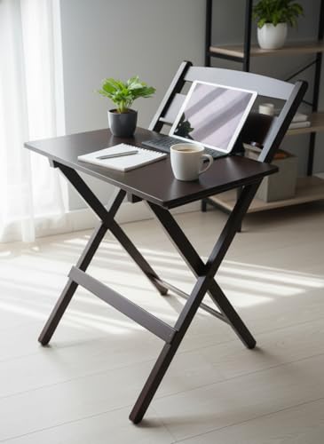Image of fplus Teak Wood Adjustable Height Folding Table with Backboard Organizer| 25 inch-28 inch Multipurpose Side Table for Balcony, Garden & Study