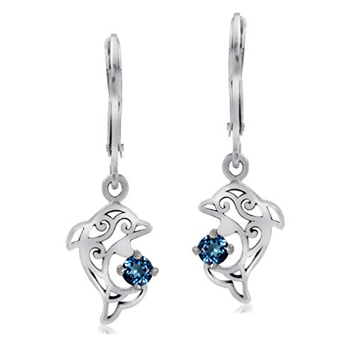 Silvershake Petite Genuine London Blue Topaz 925 Sterling Silver Dolphin Filigree Leverback Dangle Earrings