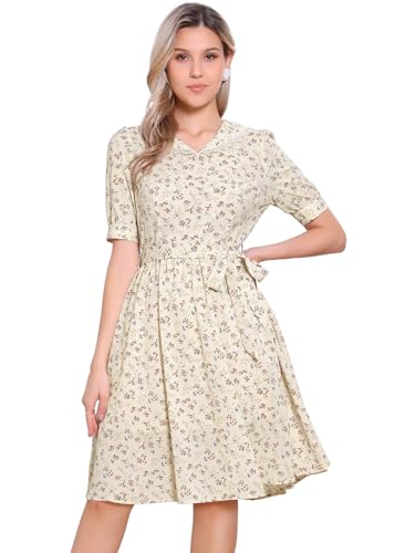 Image of Allegra K Women's Vintage Peter Pan Collar High Waist Flowy Midi Puff Sleeve Floral Dress