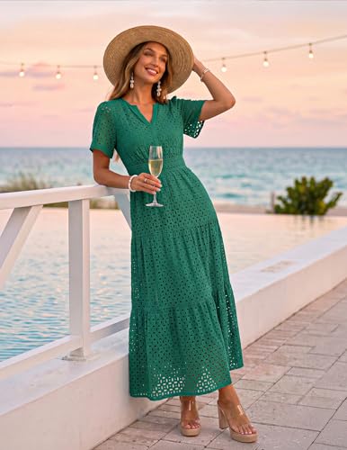 Image of ZESICA Women's 2026 Summer Short Sleeve Maxi Dress Casual V Neck Hollow Out Eyelet Ruffle Swing A Line Long Dresses
