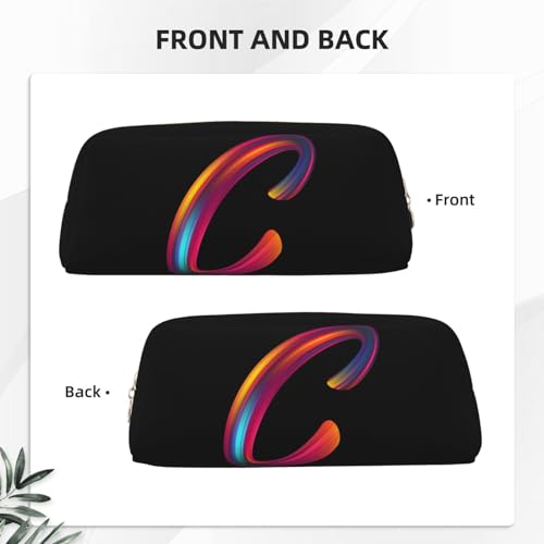 Image of Cute Initial Pencil Case for Kids Simple Leather Pencil Pouch for Boys Girls Letter Design Pencil Box Pen Bag Pencil Pouch Office Stationery Organizer, Rainbow Letter C