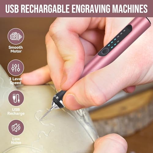 Gravierstift mit 37 Aufsätzen, USB-aufladbar, kabelloses Gravierwerkzeug, tragbares rotierendes Werkzeug für DIY, für Schmuck, Holz, Glas, Stein (rosa)