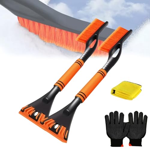 Cepillo de nieve y raspador de hielo para coche, diseño extensible de 60 cm desmontable con agarre de espuma, varilla de aleación de aluminio, incluye guantes y toallas para coches, camiones, SUV