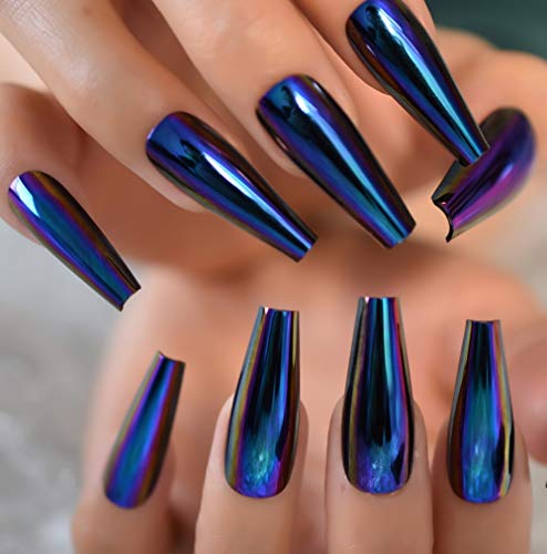 Echiq Chrome Diamond Blue Press On Fingernails Coffin Metallic Mirror Holo Fake Nails Extra Long Ladies Designed Tips For Finger #TOP3