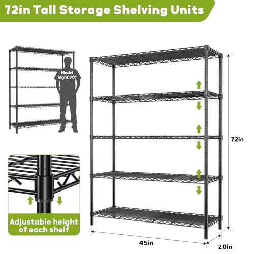 45" W x 20" D x 72" H Heavy Duty Wire Shelving Unit, 5-Tier Utility Storage Rack 2000 lbs Capacity, Adjustable Garage Shelves for Kitchen Garage Pantry, Easy Assembly - Image 4