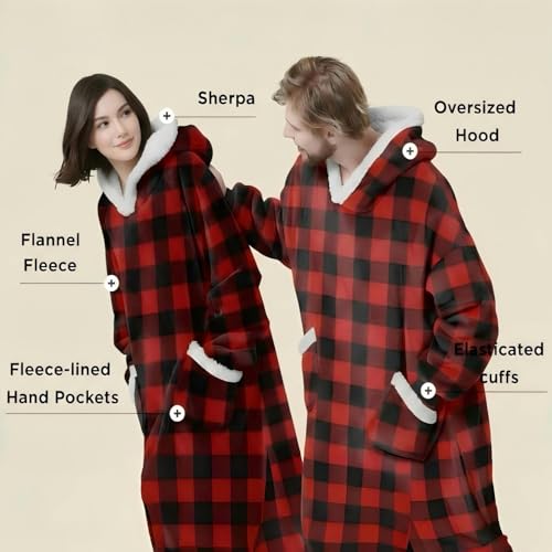 Nvatorfox 5FT Oversized Wearable Blanket Hoodie Flannel Sherpa Fleece Warm Cozy Christmas Wrap Throw Gifts for Adult (Black Red) - image 5