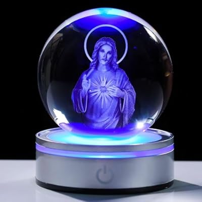 Movdyka 3D Crystal Ball Jesus Statue Christian Gifts for Women Men Faith, Laser Engrave Sacred Heart of Jesus Figurine Religious Gifts for Friend Catholic, Jesus Room Decor with Night Light Base