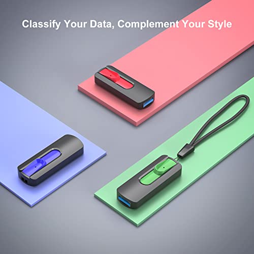 Image of RAOYI 3 Pack 128GB USB 3.1 Flash Drive, High Speed Renewed Colorful Thumb Drive Slide Retractable USB Stick Portable Memory Stick with Lanyard Hole (Green, Red, Blue)
