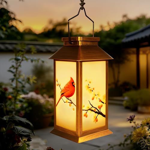 Guhope Birthday Gifts for Women Mom Grandma Men Solar Lanterns Outdoor Waterproof Hanging Garden Decor with Cardinal Pattern Outdoor Solar Lights for Garden Lawn Yard Patio Porch (Cardinal)
