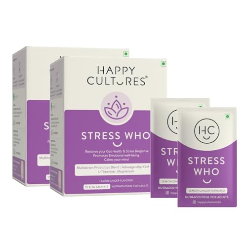 Image of Happy Cultures Stress Who - Natural Supplement with Ashwagandha & L-Theanine, Lemon & Ginger Flavored - 2g 15 Sachets Each (Pack of 2)